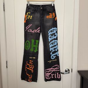 Jaded London Printed Flared Bootcut Low Rise Jeans Sz 24 Charcoal Streetwear